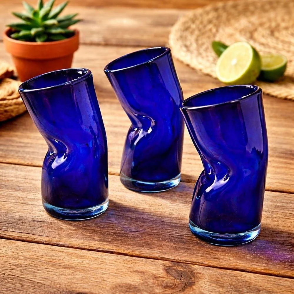 Hand Blown Cobalt Blue Art Glass Tumblers Set 3‎ Twisted Mexican Drunken Glasses